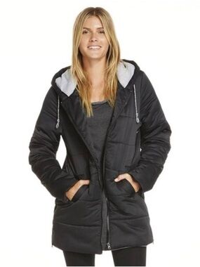 Fabletics puffin puffer jacket black coat lightweight long women's XS